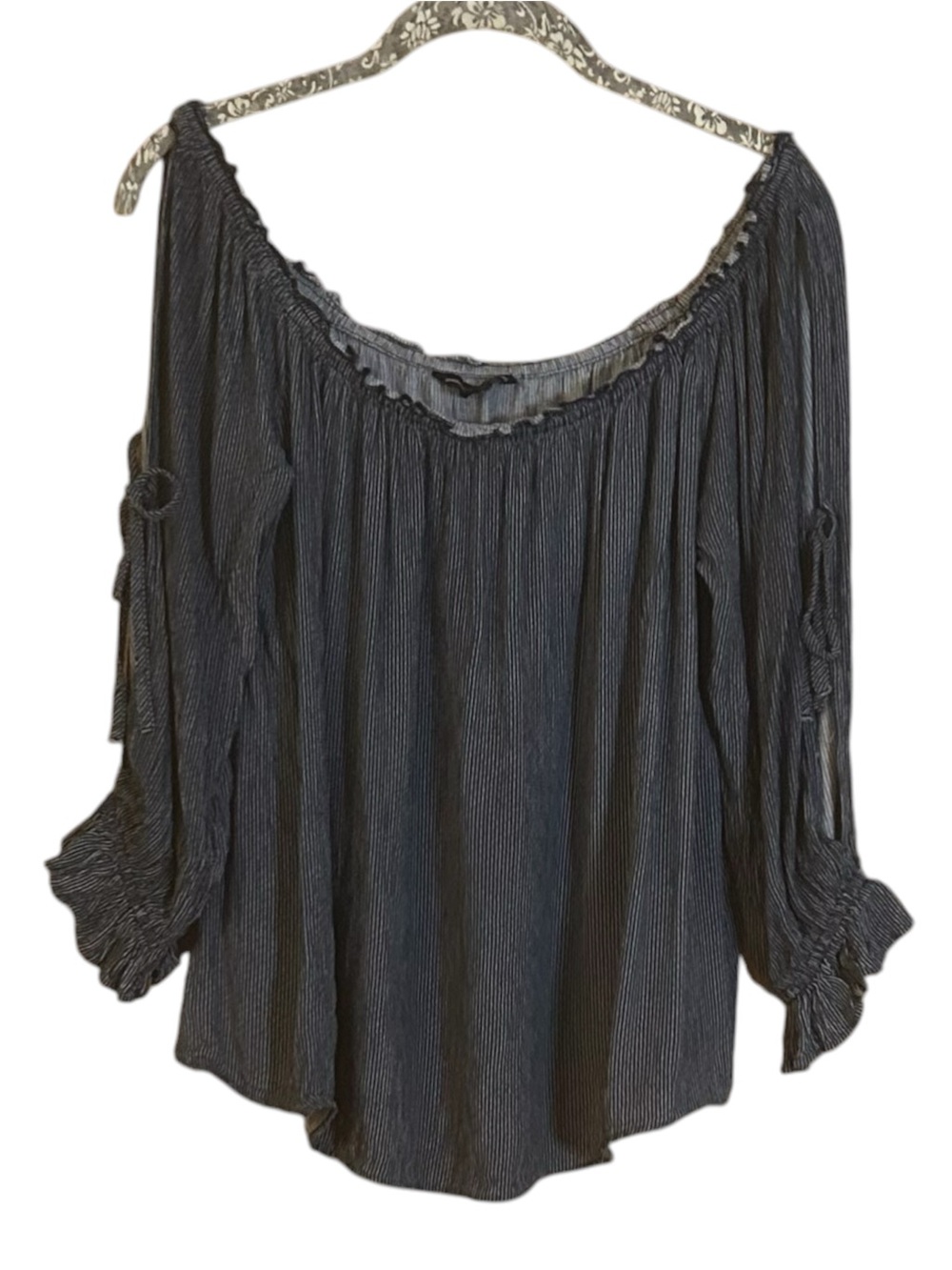 American Eagle Outfitters Navy and White Pin Strip Off-Shoulder Peasant Blouse